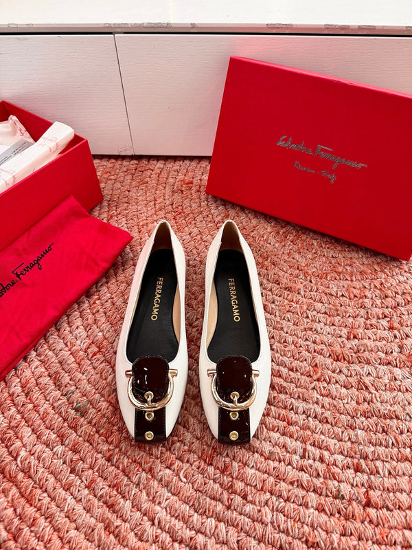 Ferragamo Gancini Ballet Flat Black White Lambskin 760472