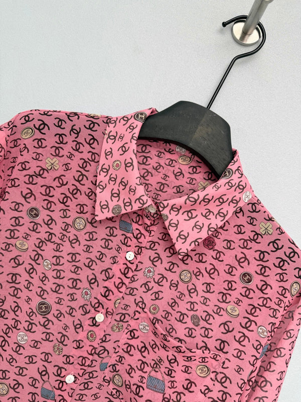 Chemisier à manches longues en polyester rose imprimé CC 26s 367045