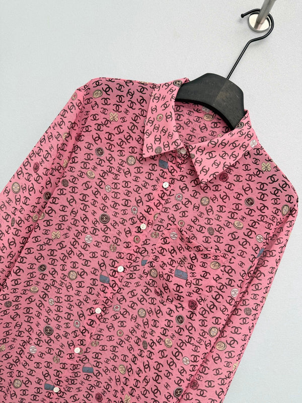 Chemisier à manches longues en polyester rose imprimé CC 26s 367045