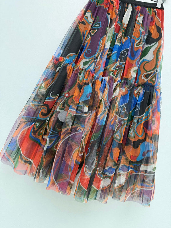 Pucci 26s Mesh Midi Skirt Orange Black Cotton Polyester 371732