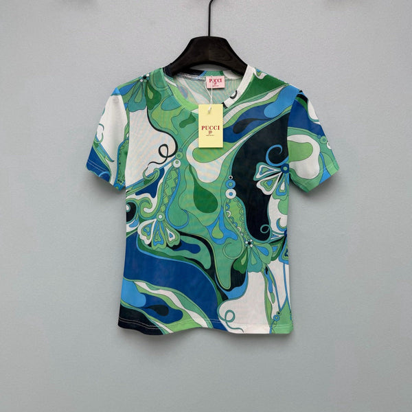 Pucci 26s Short-Sleeve T-Shirt Green Blue Cotton Polyester 371728