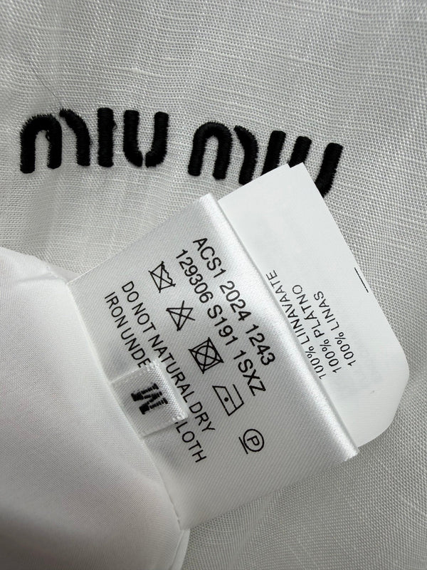 Miu Collar Zipper Sleeveless Waist-Cinching Dress White Linen 394352
