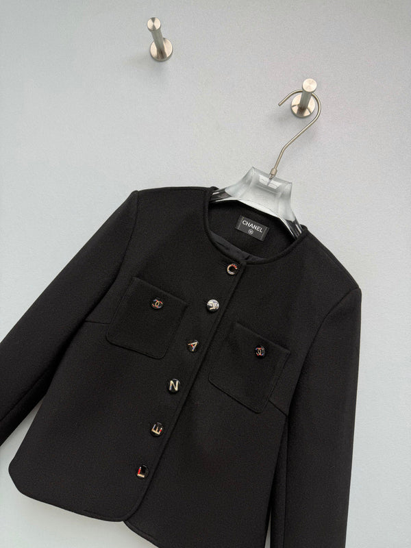 CC 26s Charms Button Cropped Jacket Black Wool 444873
