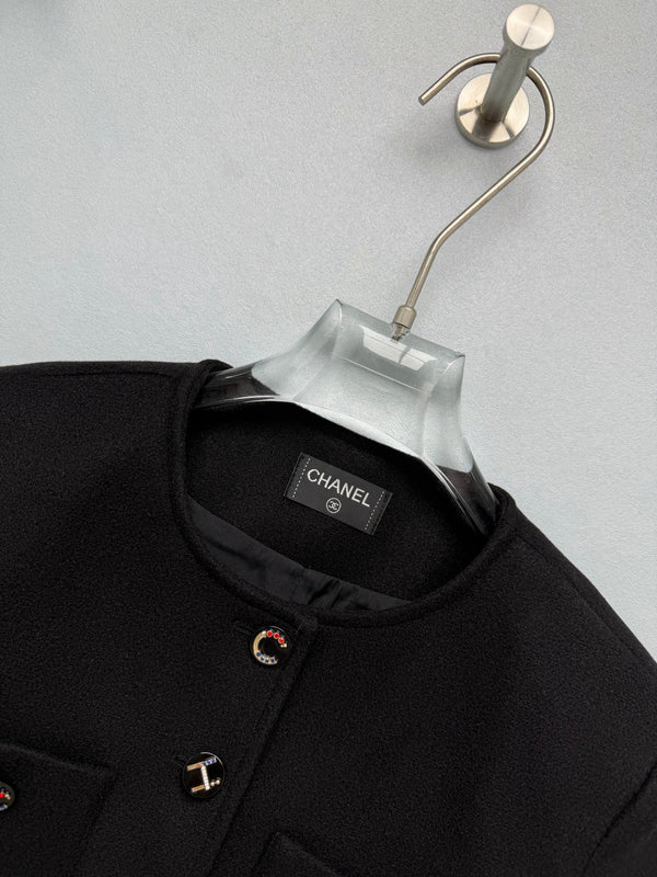 CC 26s Charms Button Cropped Jacket Black Wool 444873