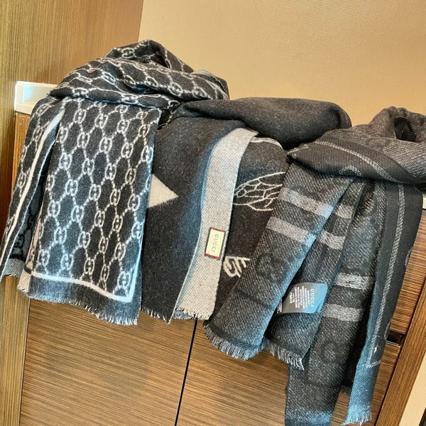 GG Double G Jacquard Scarf 180CM Black Wool 283097