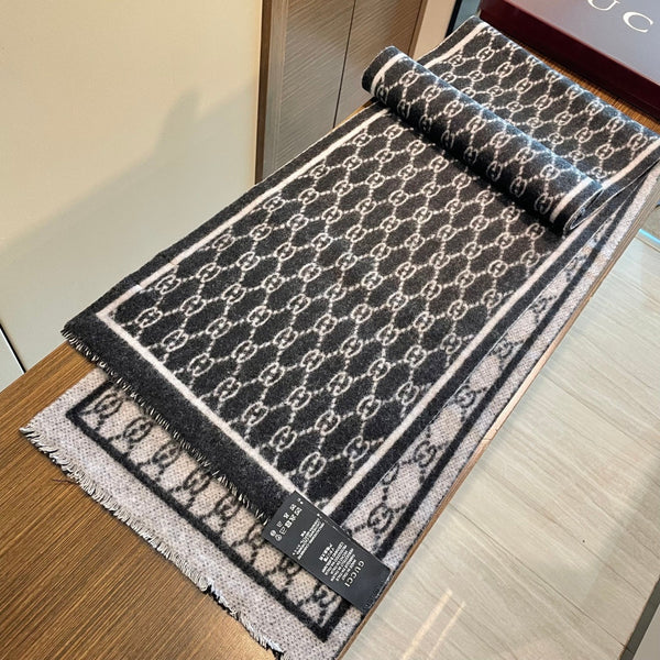 GG Double G Jacquard Scarf 180CM Black Wool 283099