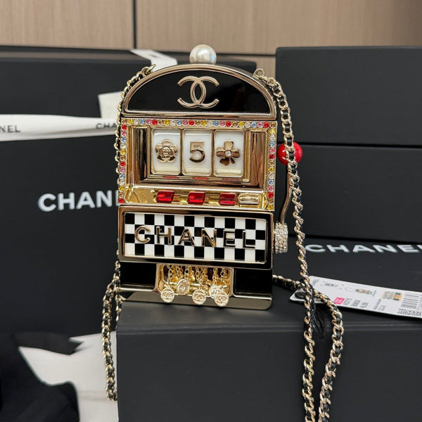 CC Resin Crystal Slot Machine Minaudiere Black Gold White Red Steel Cowhide Rhinestones