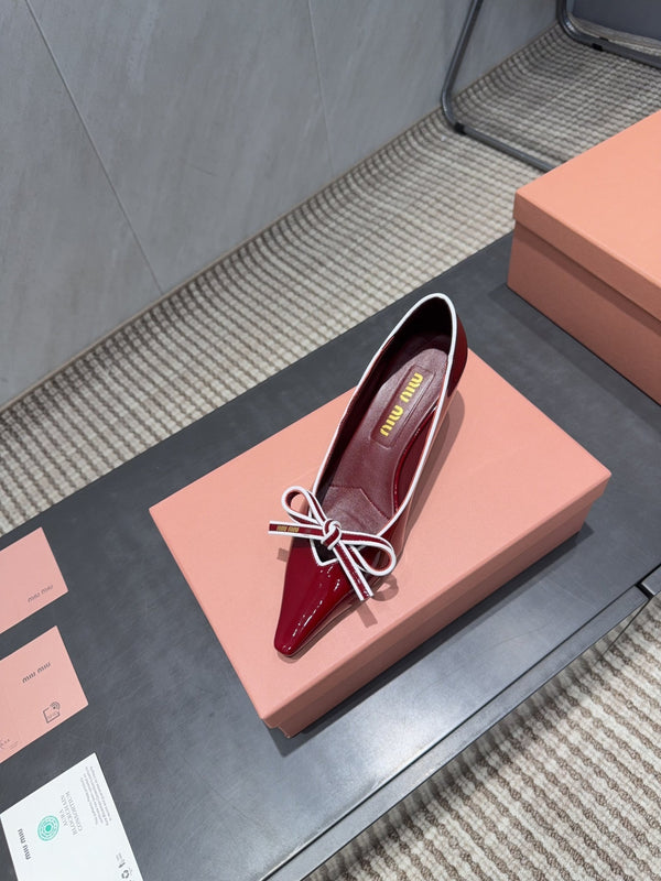 Miu 26s Pointed Toe Pumps 55mm In Dark Red Calfskin With Bow