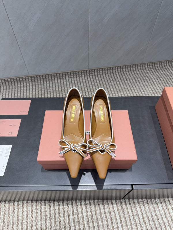 Miu 26s Pointed Toe Pumps 55mm In Caramel Brown Calfskin With Bow