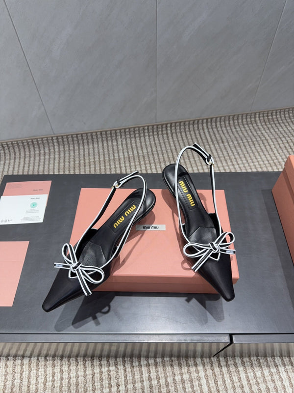 Miu 26s Slingback 55mm In Black White Calfskin With Bow