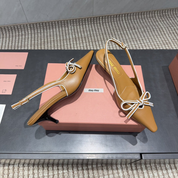 Miu 26s Slingback 55mm In Caramel Brown Calfskin With Bow