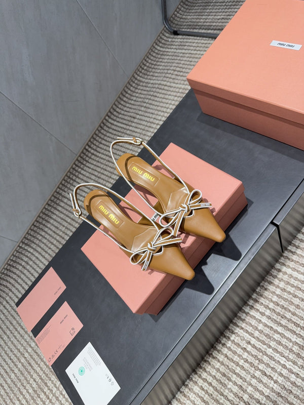 Miu 26s Slingback 55mm In Caramel Brown Calfskin With Bow