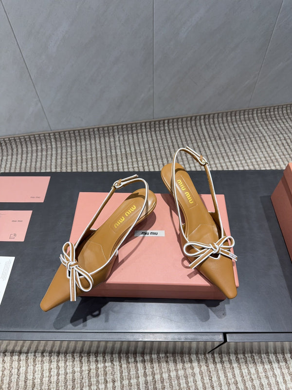 Miu 26s Slingback 55mm In Caramel Brown Calfskin With Bow