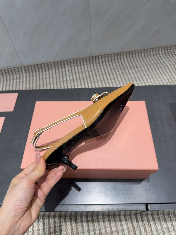 Miu 26s Slingback 55mm In Caramel Brown Calfskin With Bow