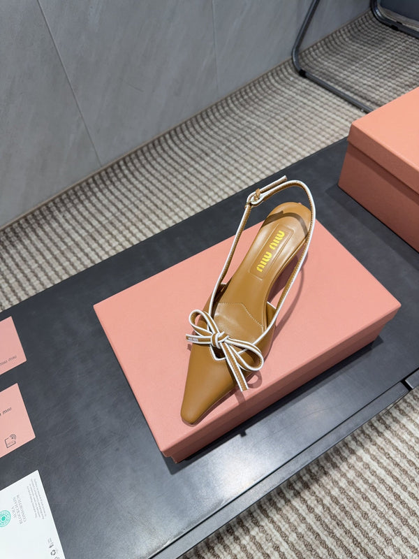 Miu 26s Slingback 55mm In Caramel Brown Calfskin With Bow