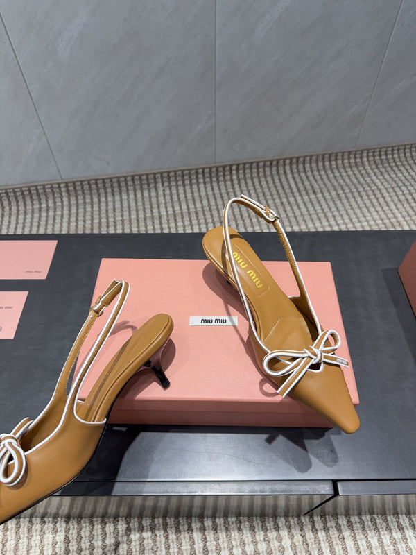 Miu 26s Slingback 55mm In Caramel Brown Calfskin With Bow