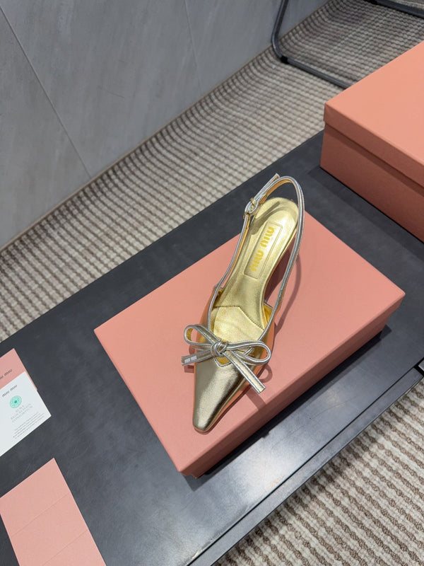 Miu 26s Slingback 55mm In Gold Calfskin With Bow