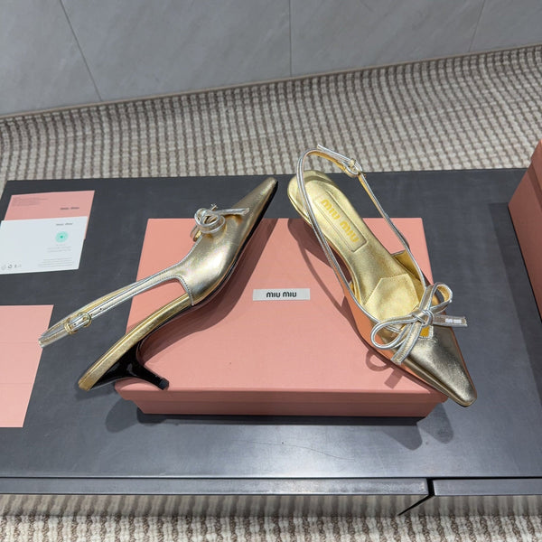 Miu 26s Slingback 55mm In Gold Calfskin With Bow