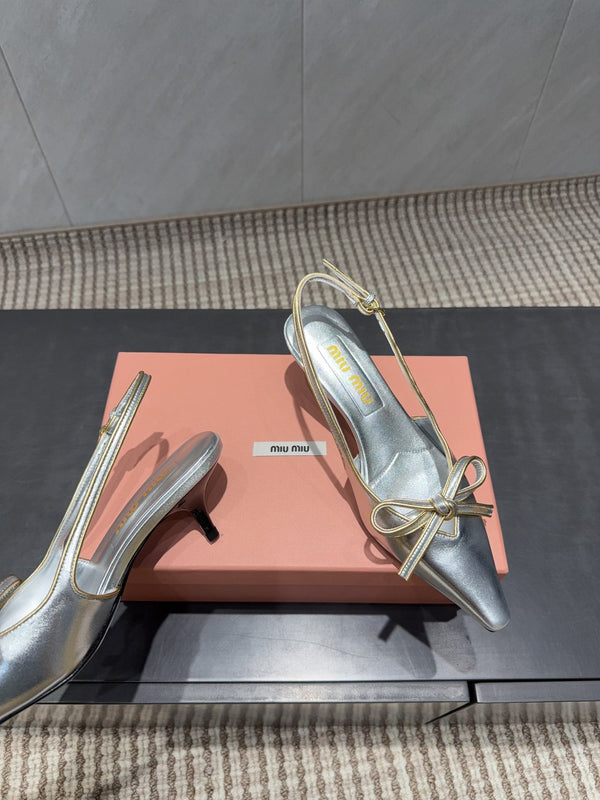 Miu 26s Slingback 55mm In Silver Calfskin With Bow
