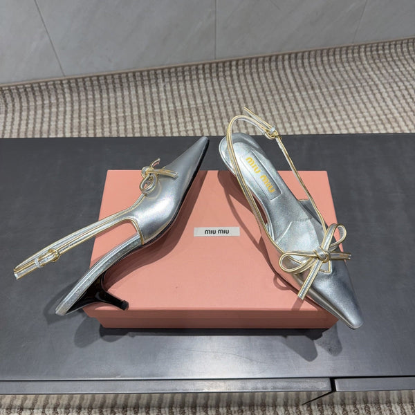 Miu 26s Slingback 55mm In Silver Calfskin With Bow