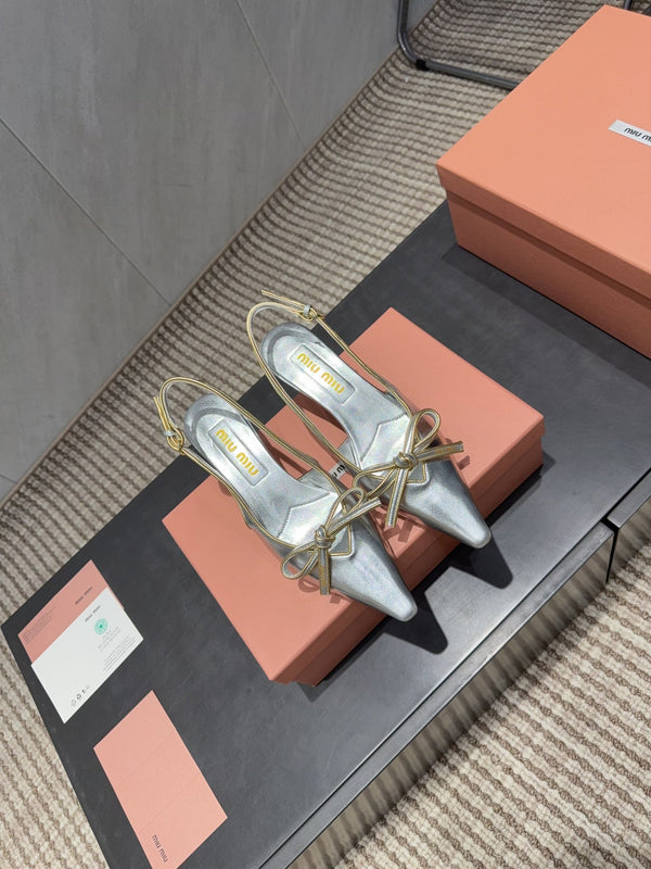 Miu 26s Slingback 55mm In Silver Calfskin With Bow