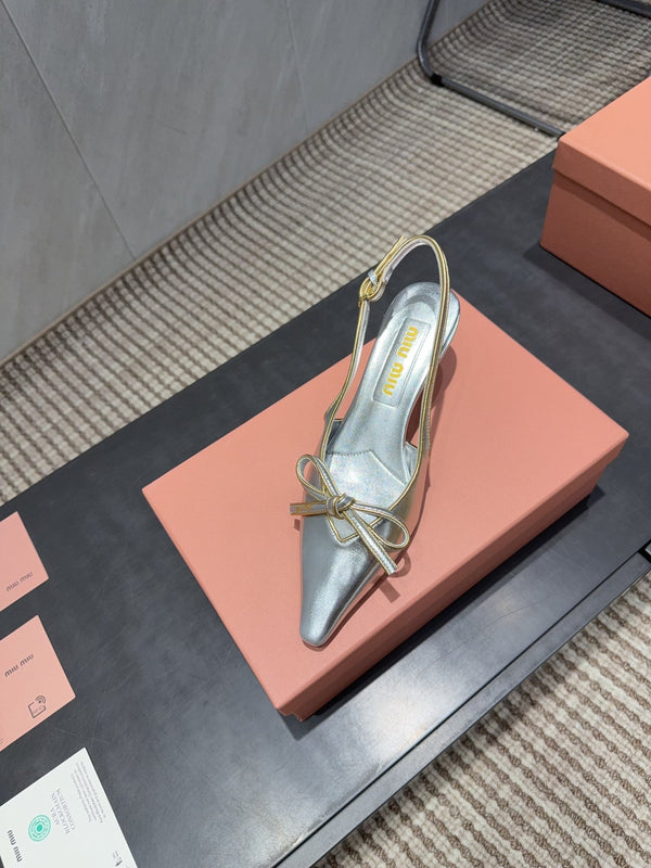 Miu 26s Slingback 55mm In Silver Calfskin With Bow