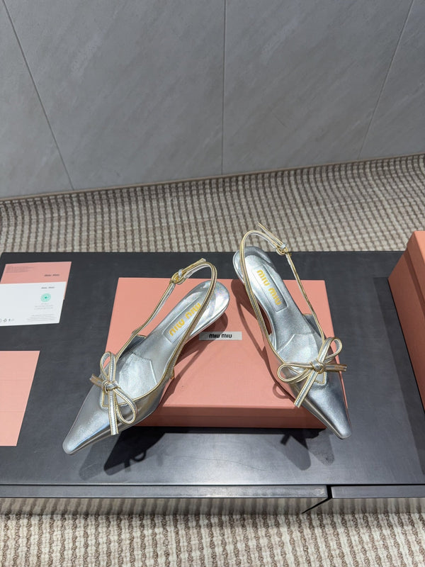 Miu 26s Slingback 55mm In Silver Calfskin With Bow