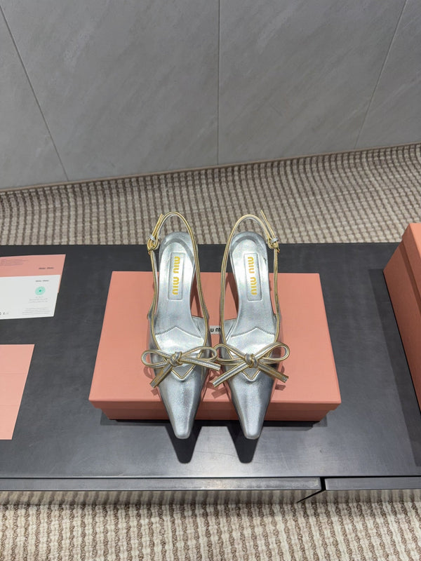 Miu 26s Slingback 55mm In Silver Calfskin With Bow