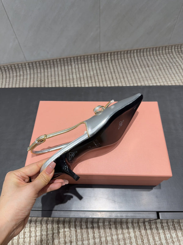 Miu 26s Slingback 55mm In Silver Calfskin With Bow
