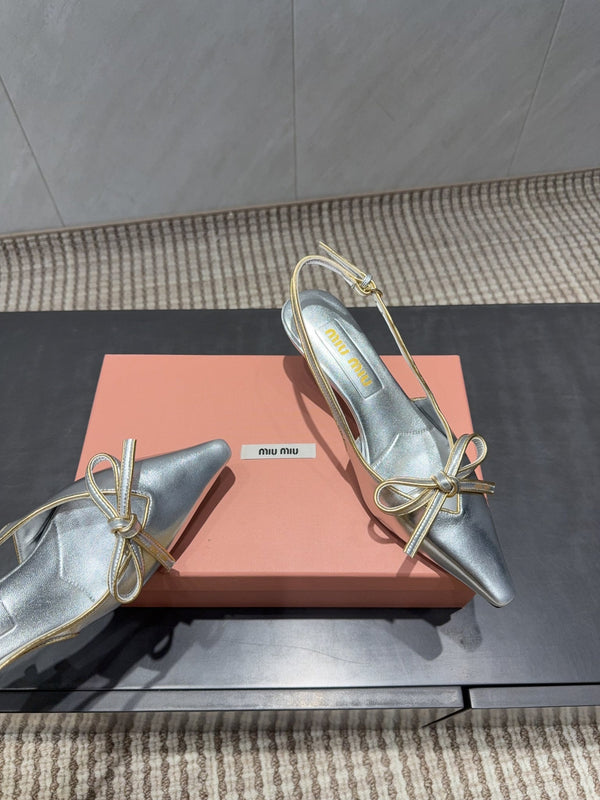 Miu 26s Slingback 55mm In Silver Calfskin With Bow