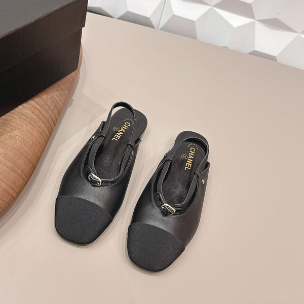 CC 26s Ballerines bout rond à dos ouvert Tissu noir Cuir 613254