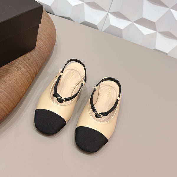 Ballerines CC 26s bout rond talon ouvert Noir Beige Tissu Cuir 613255