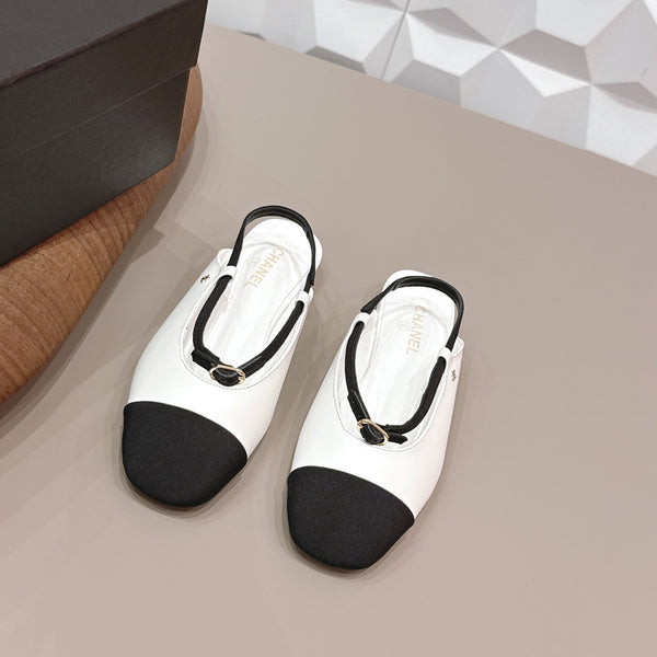 Ballerines à bout rond et arrière ouvert CC 26s Tissu Noir Blanc Cuir 613257