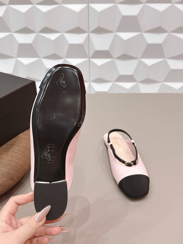 CC 26s Ballerines à bout rond ouvertes à l'arrière Tissu noir rose Cuir 613256
