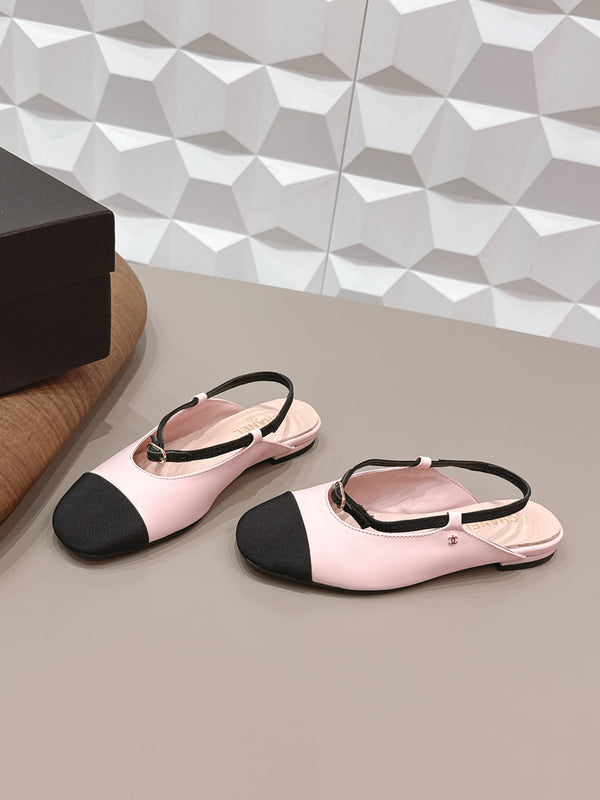 CC 26s Ballerines à bout rond ouvertes à l'arrière Tissu noir rose Cuir 613256