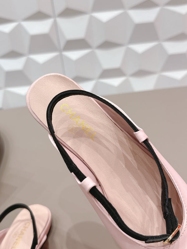 CC 26s Ballerines à bout rond ouvertes à l'arrière Tissu noir rose Cuir 613256