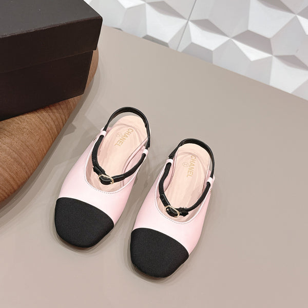 CC 26s Ballerines à bout rond ouvertes à l'arrière Tissu noir rose Cuir 613256