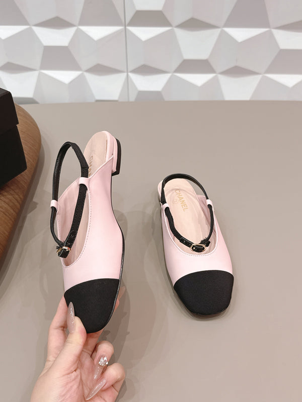 CC 26s Ballerines à bout rond ouvertes à l'arrière Tissu noir rose Cuir 613256