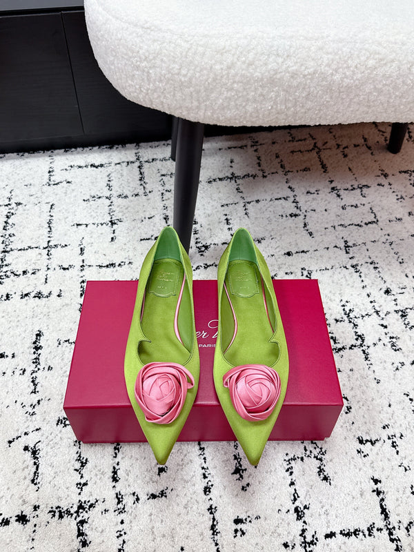 RV Rose Vivier Flower Slingback Flat Pink Green Satin 617284