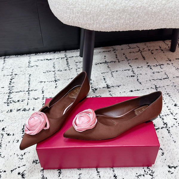 RV Rose Vivier Flower Slingback Plat Satin Rose Marron 617285