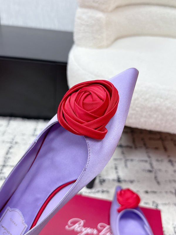 RV Rose Vivier Flower Slingback Plat Satin Pourpre Rouge 617287