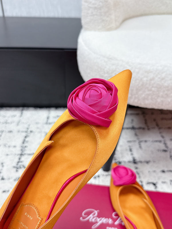 RV Rose Vivier Flower Slingback Plat Orange Rose Satin 617290