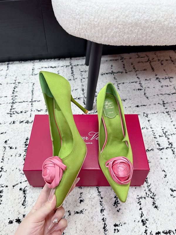 RV Rose Vivier Flower Pumps 10cm Pink Green Satin 617295