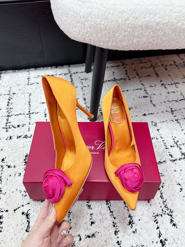 RV Rose Vivier Flower Pumps 10cm Pink Orange Satin 617297