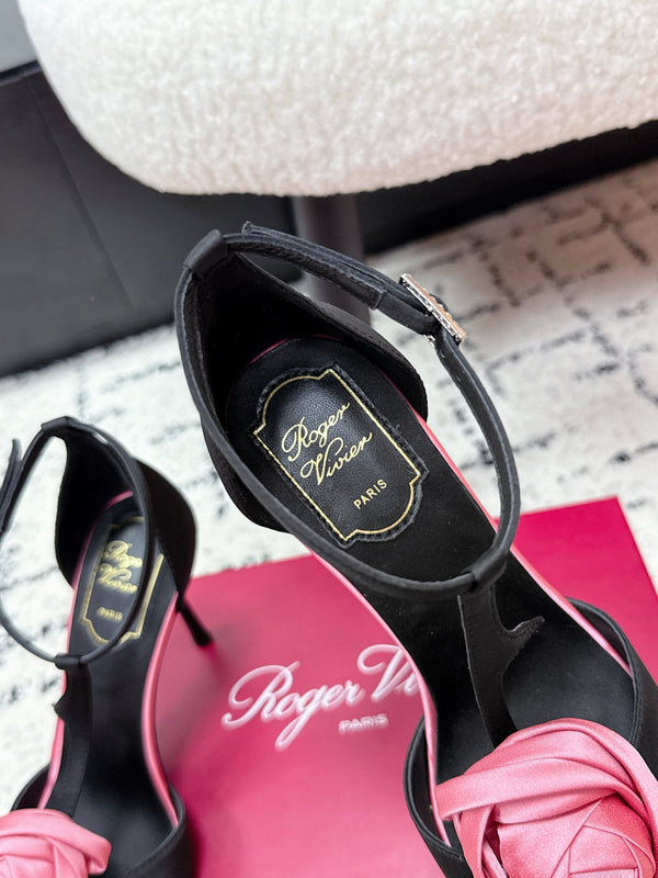 RV Rose Vivier Flower Sandal 10cm Pink Black Satin 617301
