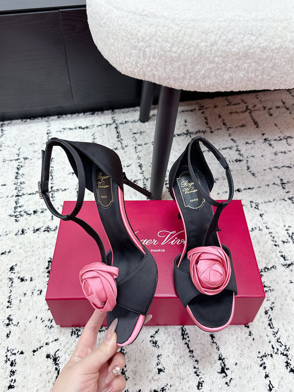 RV Rose Vivier Flower Sandal 10cm Pink Black Satin 617301