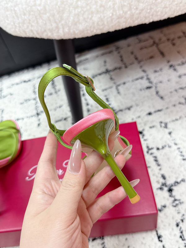 RV Rose Vivier Sandals 10cm Olive Green Satin 617305