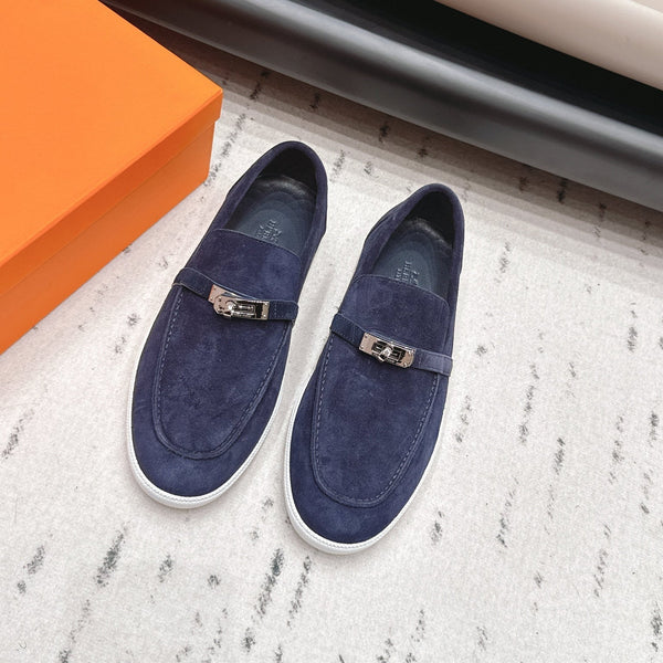 HM 26s Kelly Paris Loafers Navy Blue Suede Silver Hardware