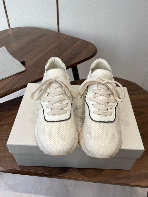 Brunello Runners With Shiny Eyelets White Suede Cotton 624468
