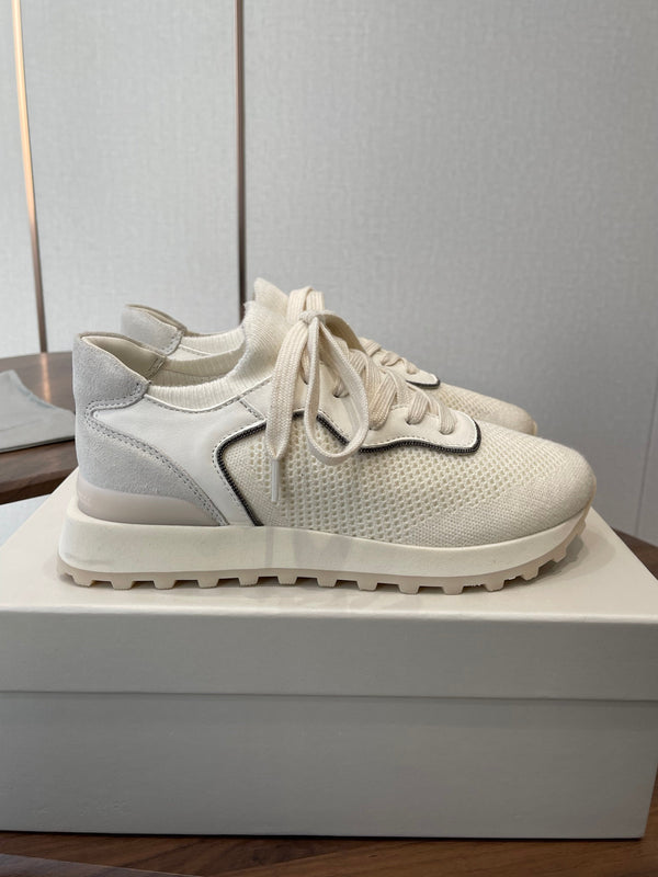 Brunello Runners With Shiny Eyelets White Suede Cotton 624468
